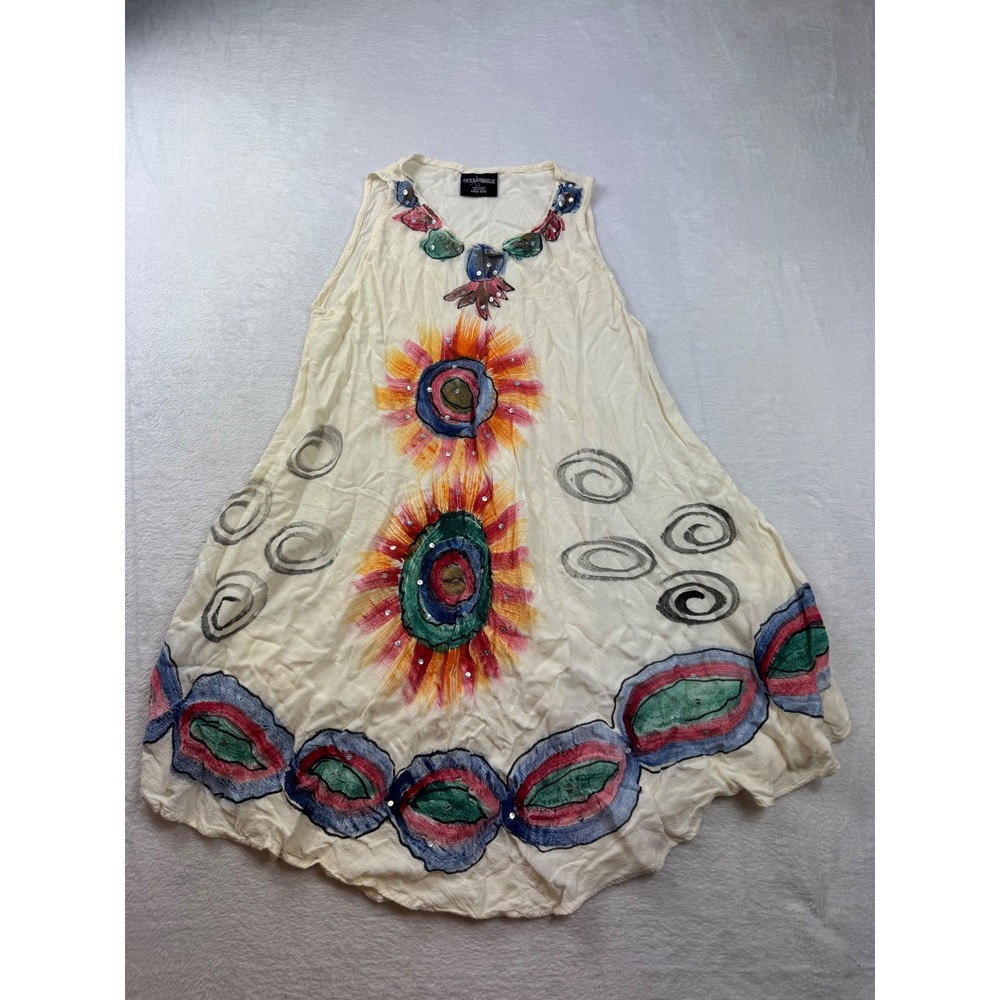Ocean Breeze Hand Painted Sequin Sleeveless Tunic Dress Cream One Size Boho